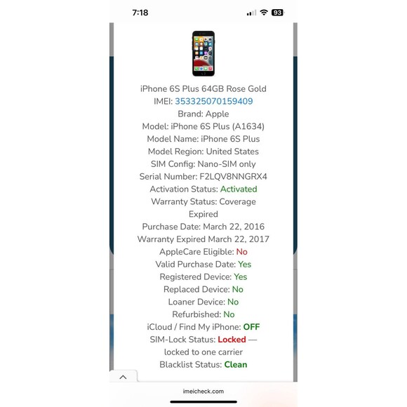 Apple iPhone 6S Plus A1634 64GB Pink Gold AT&T Locked Smartphone Clean IMEI - Picture 4 of 5